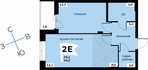 2-комнатная квартира, 44.2 м², 3.62 млн