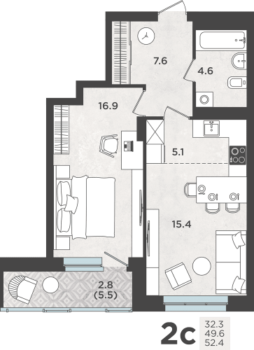 2-комнатная евро, 52.4 кв.м., 3 248 800