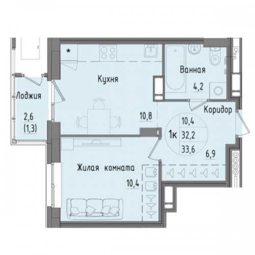 1-комнатная, 33.6 м², 2 486 400