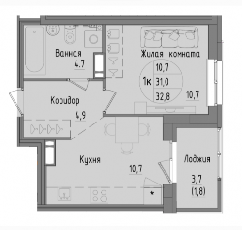 1-комнатная, 32.8 м², 2 427 200