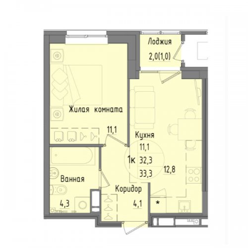 1-комнатная, 33.3 м², 2 464 200