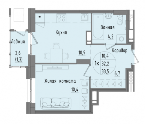 1-комнатная, 33.5 м², 2 462 250