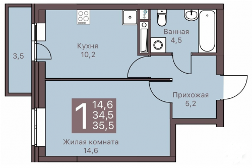1-комнатная, 35.5 м², 2 272 000