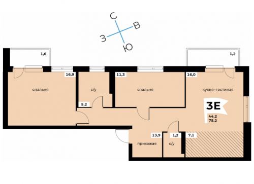 3-комнатная евро, 75,2 м², 4 этаж