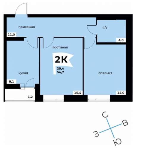 2-комнатная, 54,7 кв.м., 4 этаж