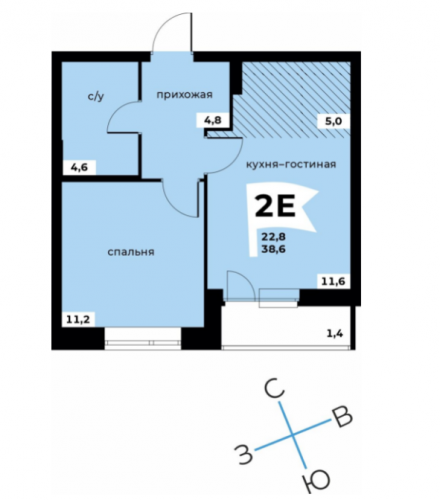 2-комнатная евро, 38,6 м², 4 этаж