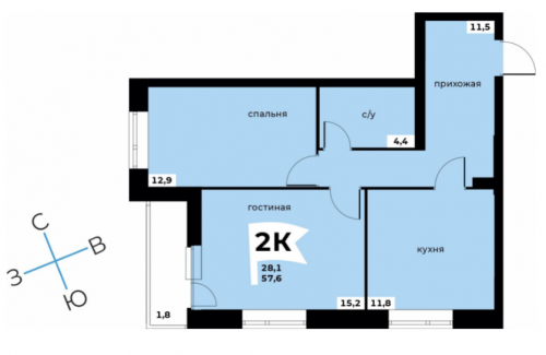 2-комнатная, 57,6 м², 4 этаж