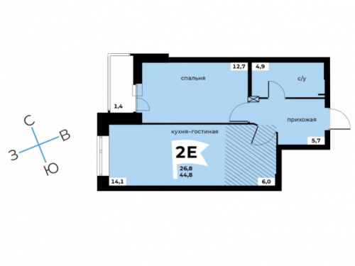 2-комнатная евро, 44,8 м², 4 этаж