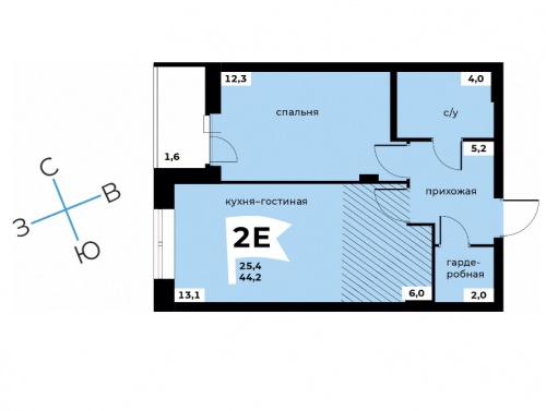 2-комнатная евро, 44,2 м², 4 этаж