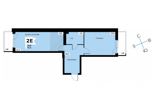 2-комнатная евро, 54,2 м², 4 этаж